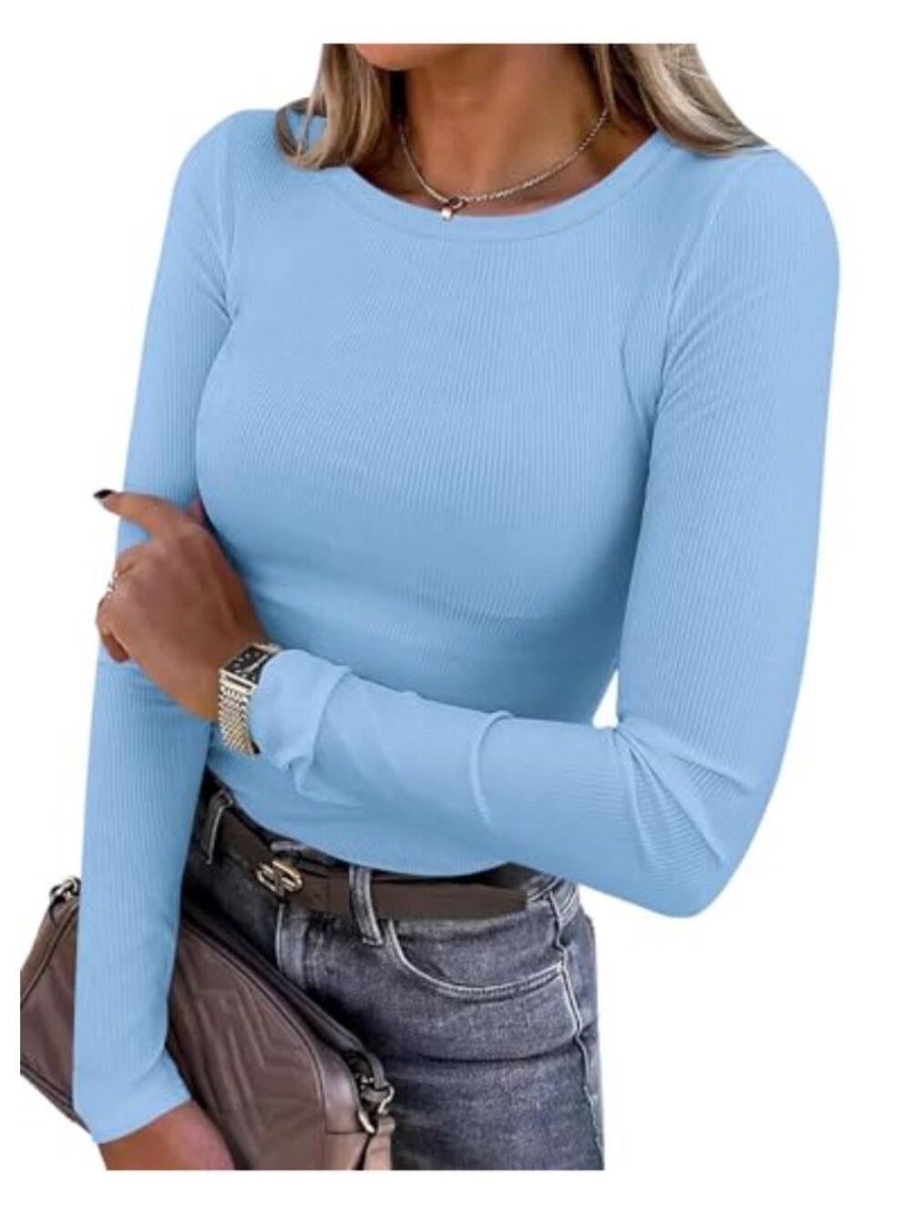 Women's Long Sleeve Ribbed Knit Crew Neck Fitted T-Shirt Top